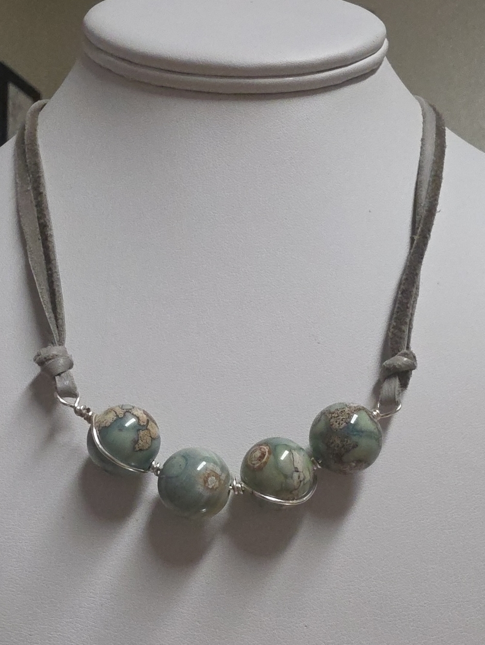 Vintage Artisan African Jasper Wire Wrapped Bead  Grey Suede Necklace